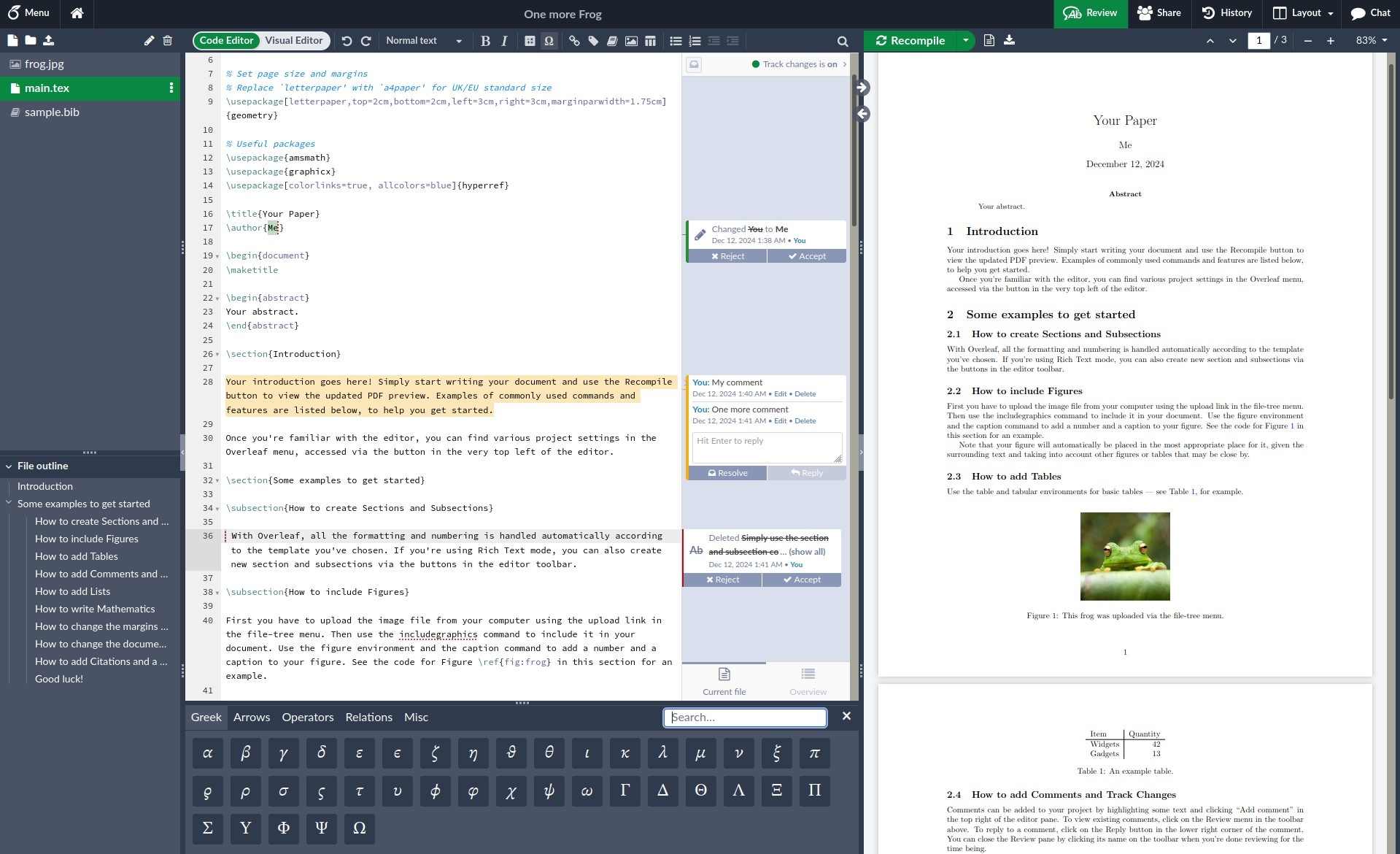 A screenshot of a project being edited in Overleaf Extended Community Edition